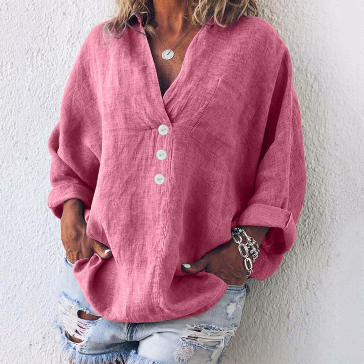 Breeze | Dames V-Hals Oversized Top Lange Mouw Knopen