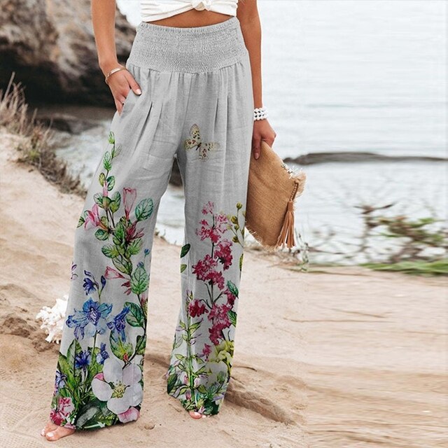 Garlie | Vrouwen Bloemen Wijde Pantalon Hoge Taille Casual Zomer