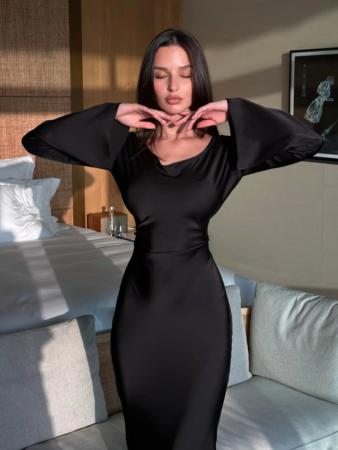 Serena | Dames Satijnen Lange Mouwen Maxi Jurk Formele Gown