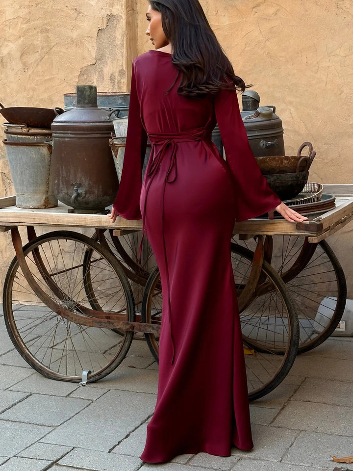 Serena | Dames Satijnen Lange Mouwen Maxi Jurk Formele Gown