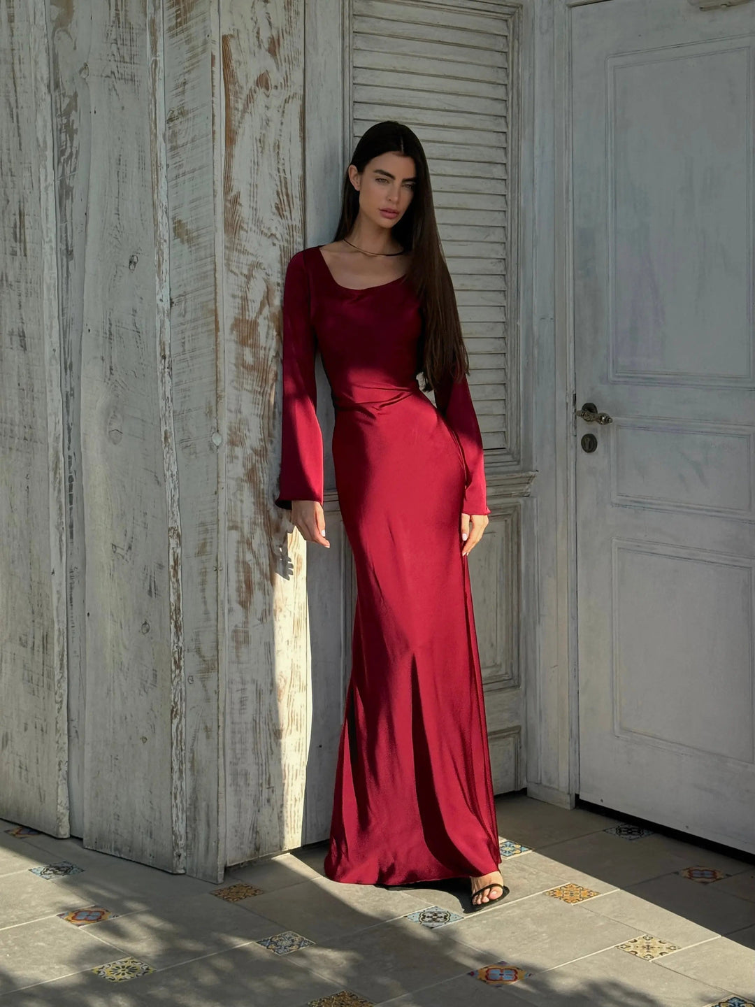 Serena | Dames Satijnen Lange Mouwen Maxi Jurk Formele Gown