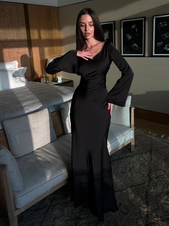 Serena | Dames Satijnen Lange Mouwen Maxi Jurk Formele Gown