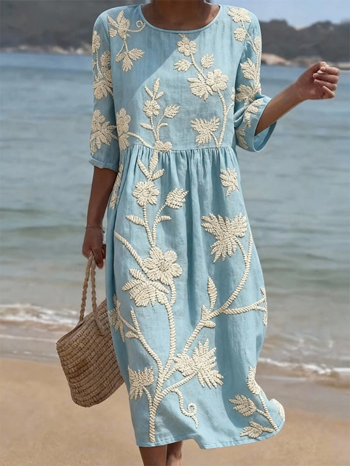 Saffraan | Elegante Bloemige Ronde Hals Jurk