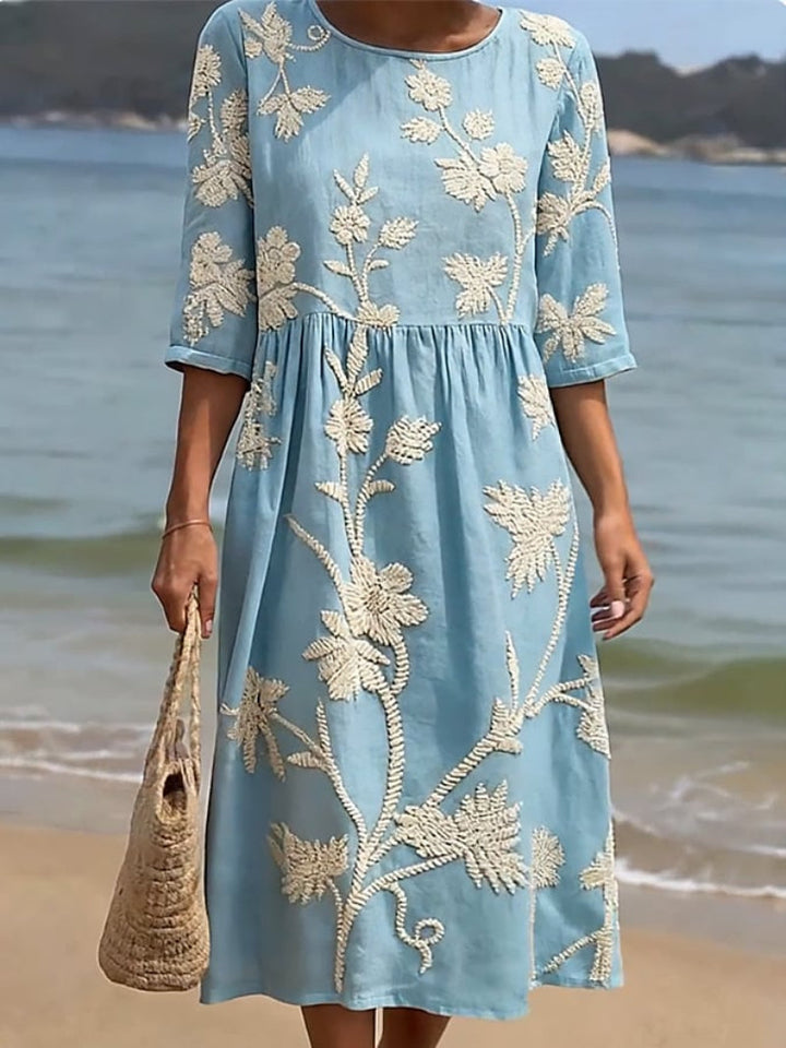 Saffraan | Elegante Bloemige Ronde Hals Jurk