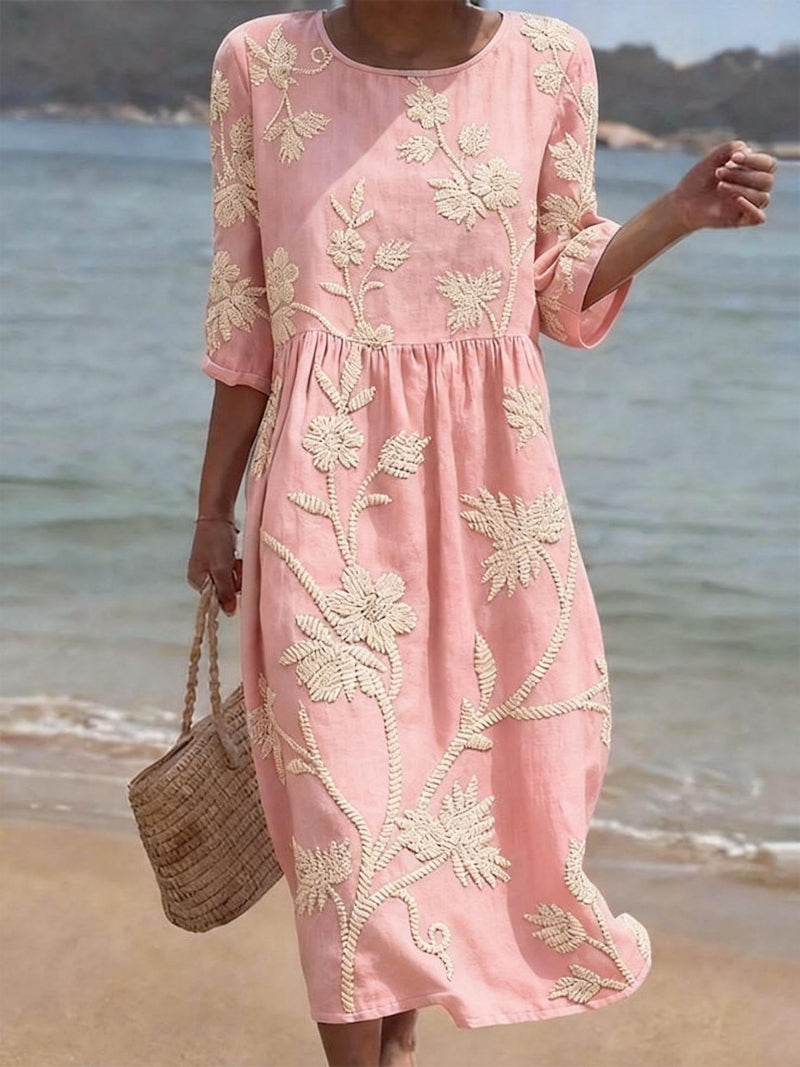 Saffraan | Elegante Bloemige Ronde Hals Jurk