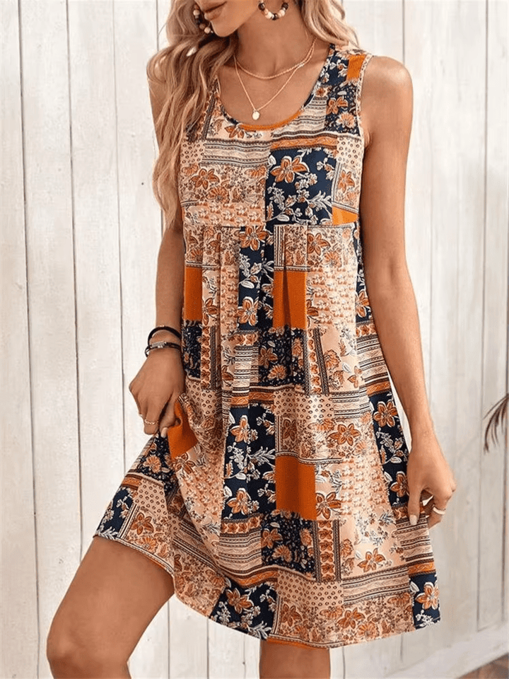 Indie | Dames Boho Patchwork Print Mouwloos Mini Jurk