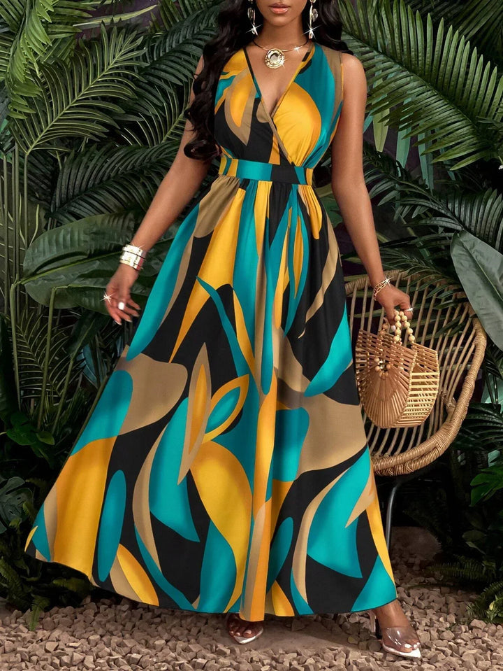 Nova | Dames V-hals Mouwloze Abstracte Print Maxi Jurk