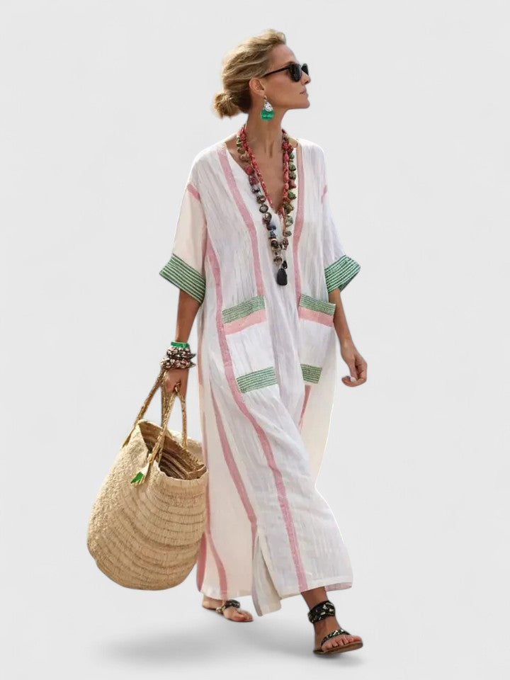 Serena | Dames V-Hals Kaftan Maxi Jurk met Streepdetail