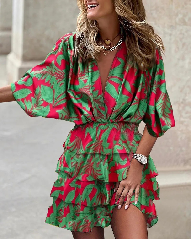 Luna | Vrouwen Geprinte Rimpel Mini Jurk Met V-Hals, Smocked Taille, Boho Jurk
