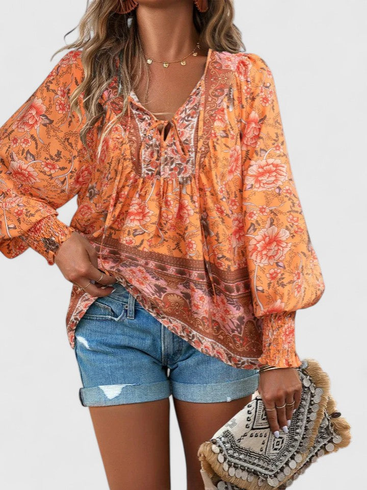 Sienna | Dames Bloemen Boho Blouse V-Hals Puff Mouw Top