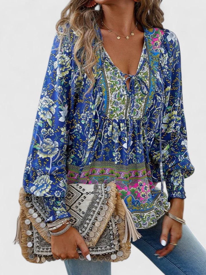 Sienna | Dames Bloemen Boho Blouse V-Hals Puff Mouw Top
