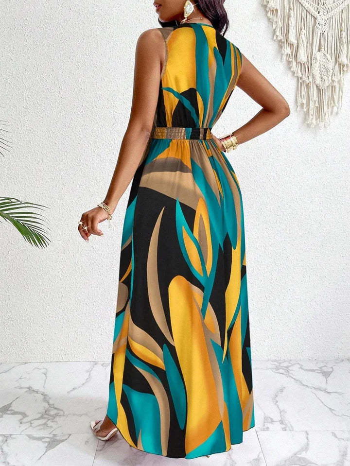 Nova | Dames V-hals Mouwloze Abstracte Print Maxi Jurk