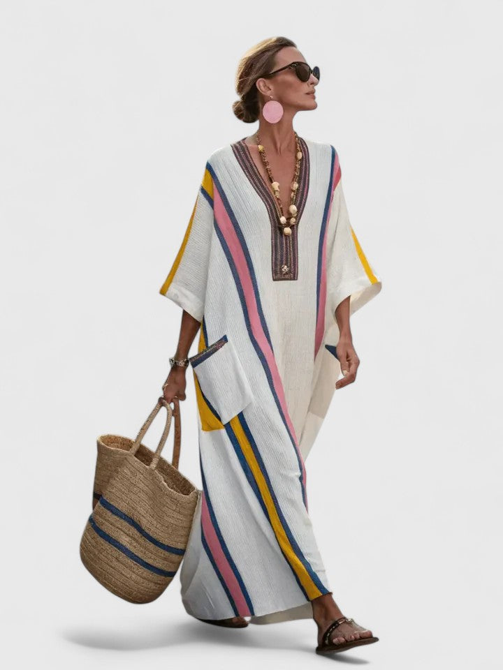 Serena | Dames V-Hals Kaftan Maxi Jurk met Streepdetail