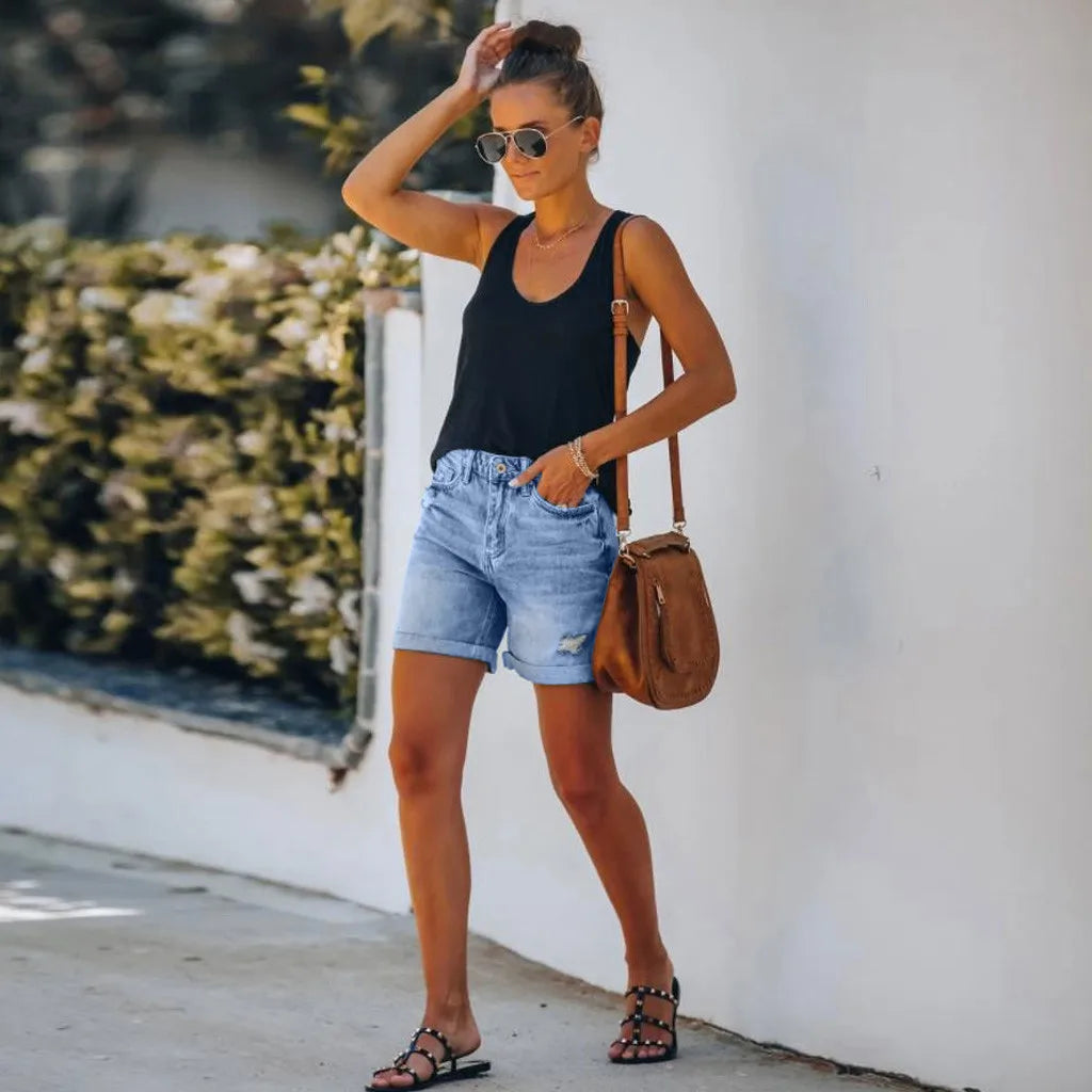 Scout | Dames Hoge Taille Denim Shorts Versleten Rolrand