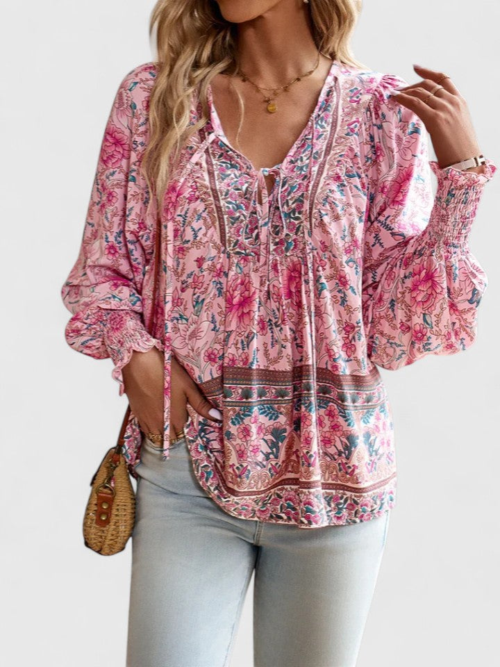 Sienna | Dames Bloemen Boho Blouse V-Hals Puff Mouw Top