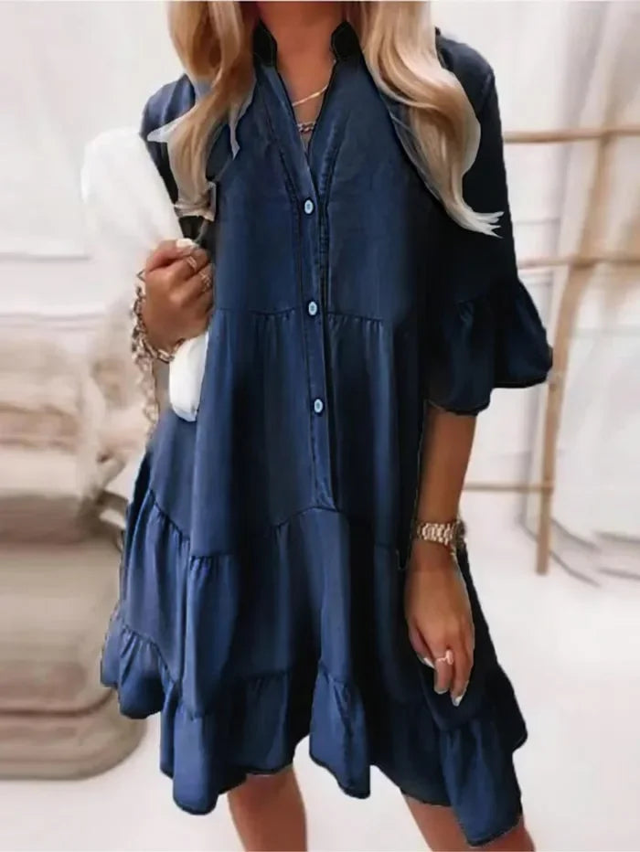 Billie | Dames Casual Gelaagde Rimpel Mini Jurk Met Knopen