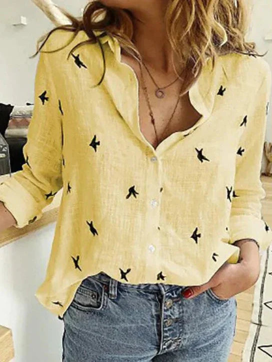 Avery | Dames Overhemd met Knopen Lange Mouwen Vogelprint Blouse