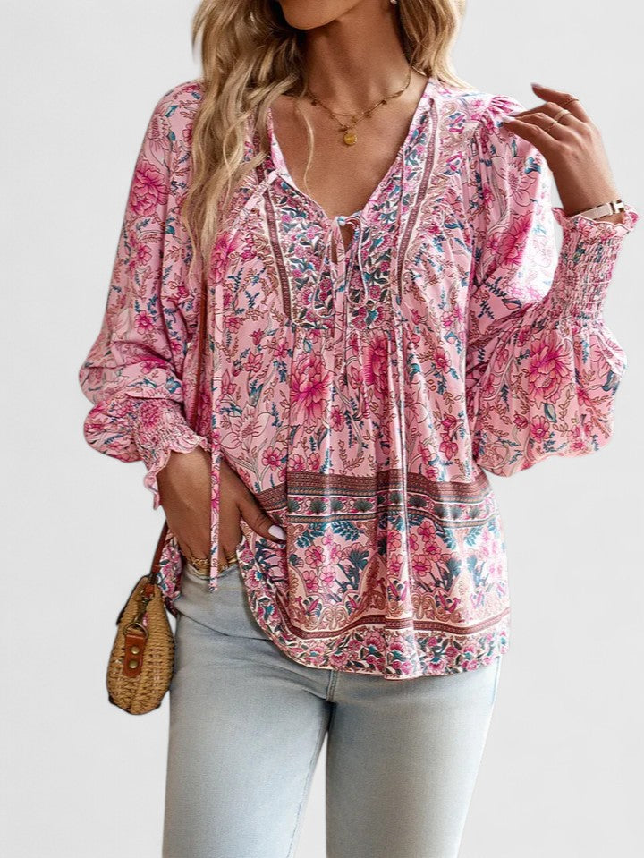 Sienna | Dames Bloemen Boho Blouse V-Hals Puff Mouw Top