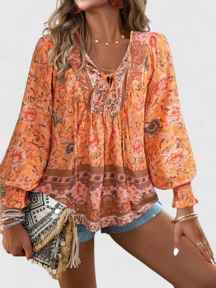 Sienna | Dames Bloemen Boho Blouse V-Hals Puff Mouw Top