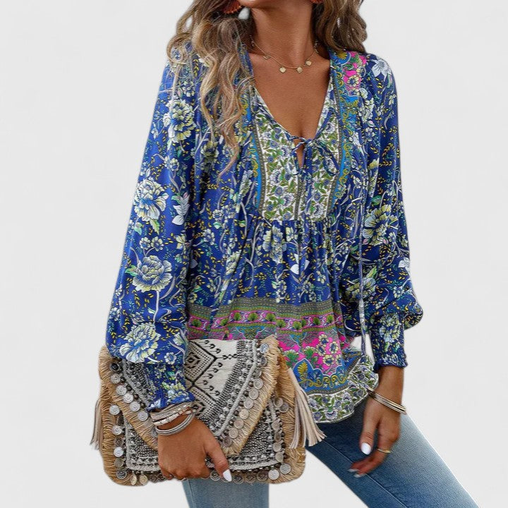 Sienna | Dames Bloemen Boho Blouse V-Hals Puff Mouw Top