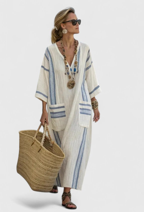 Serena | Dames V-Hals Kaftan Maxi Jurk met Streepdetail