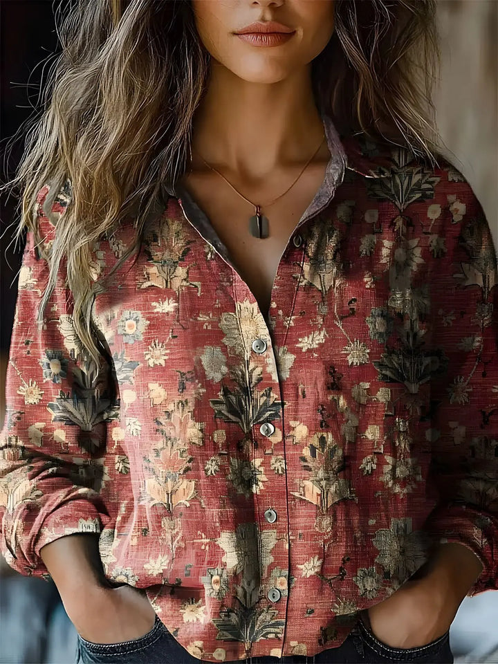 Herfst | Vrouwen Vintage Bloemenprint Lange Mouw Knopshirt