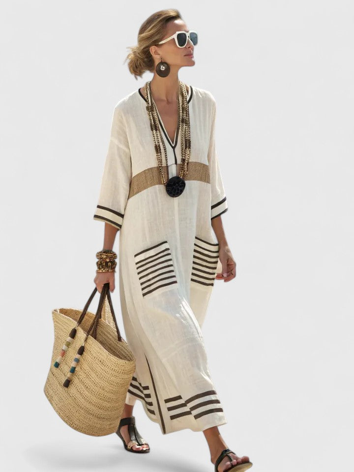 Serena | Dames V-Hals Kaftan Maxi Jurk met Streepdetail