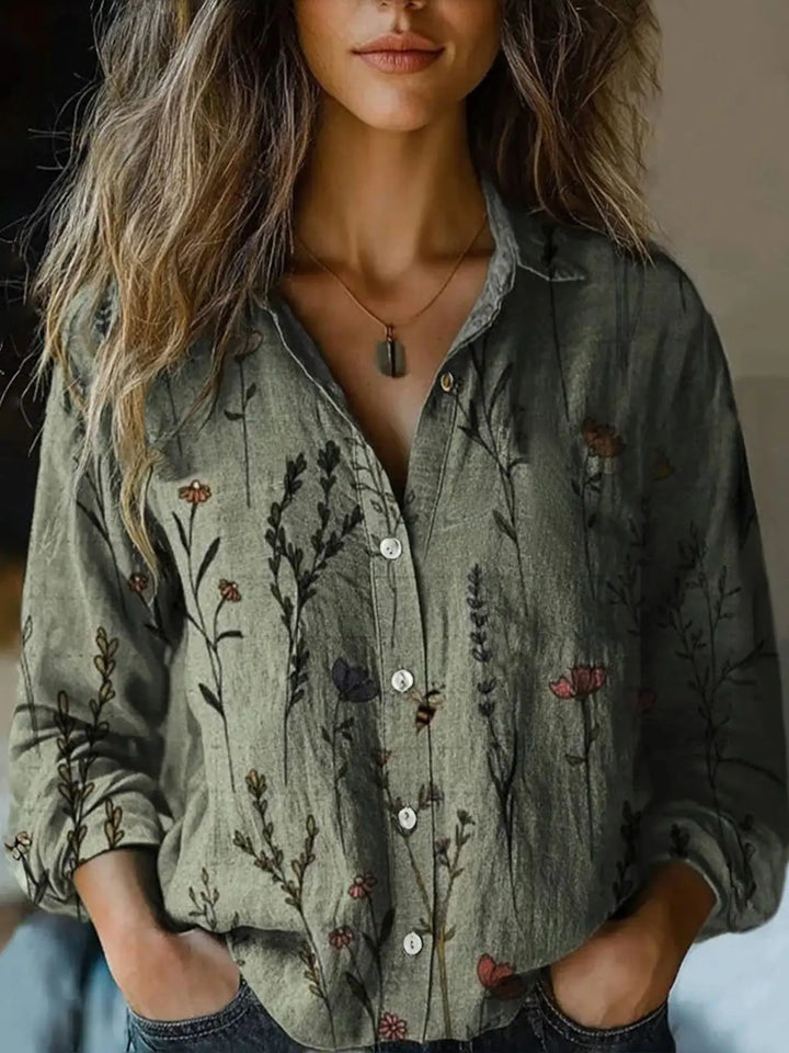 Herfst | Vrouwen Vintage Bloemenprint Lange Mouw Knopshirt