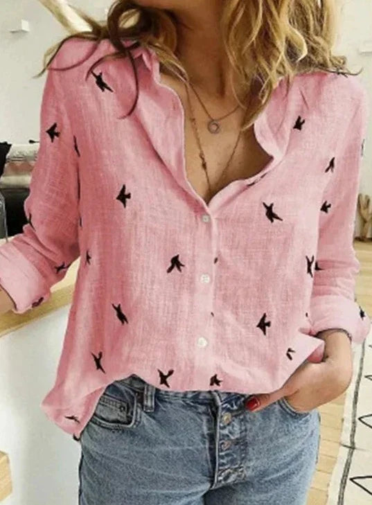 Avery | Dames Overhemd met Knopen Lange Mouwen Vogelprint Blouse