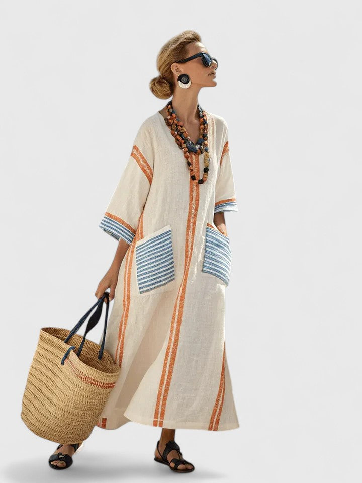Serena | Dames V-Hals Kaftan Maxi Jurk met Streepdetail