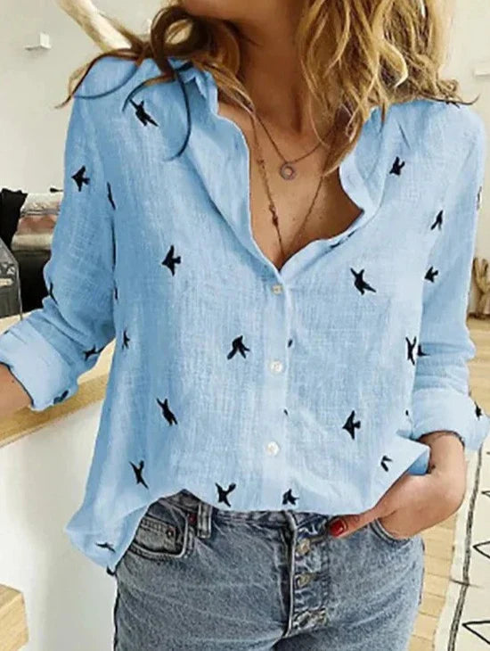 Avery | Dames Overhemd met Knopen Lange Mouwen Vogelprint Blouse