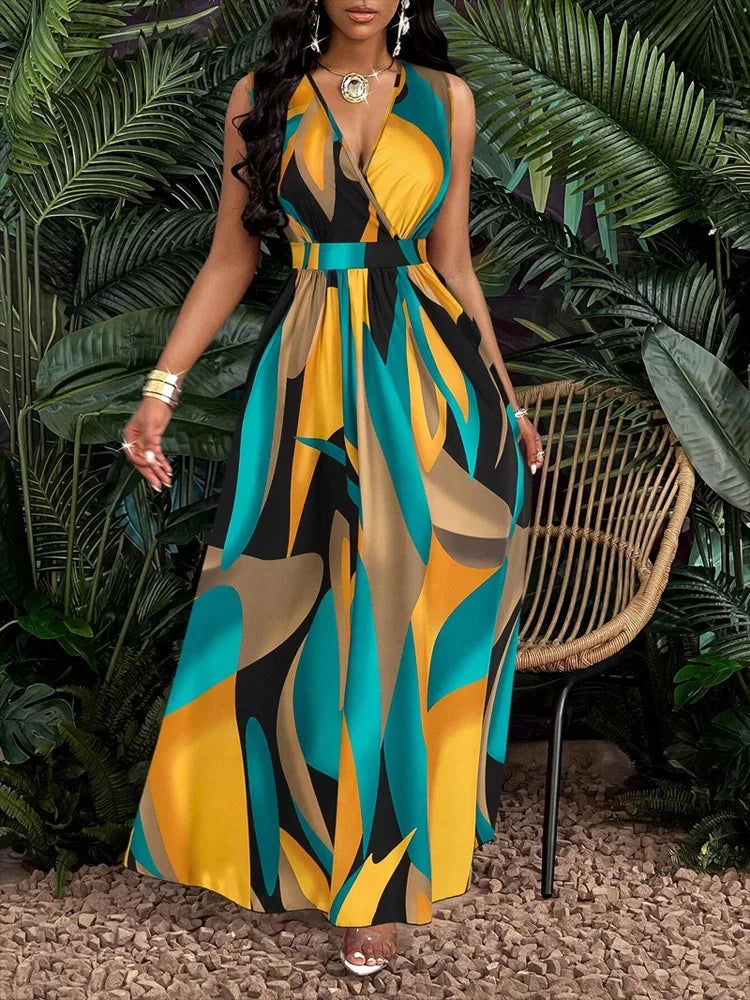 Nova | Dames V-hals Mouwloze Abstracte Print Maxi Jurk