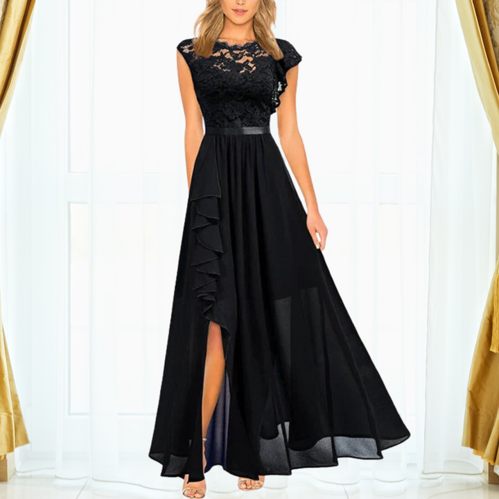 Grace | Dames Kanten Chiffon Maxi Jurk Rimpel Split Formeel
