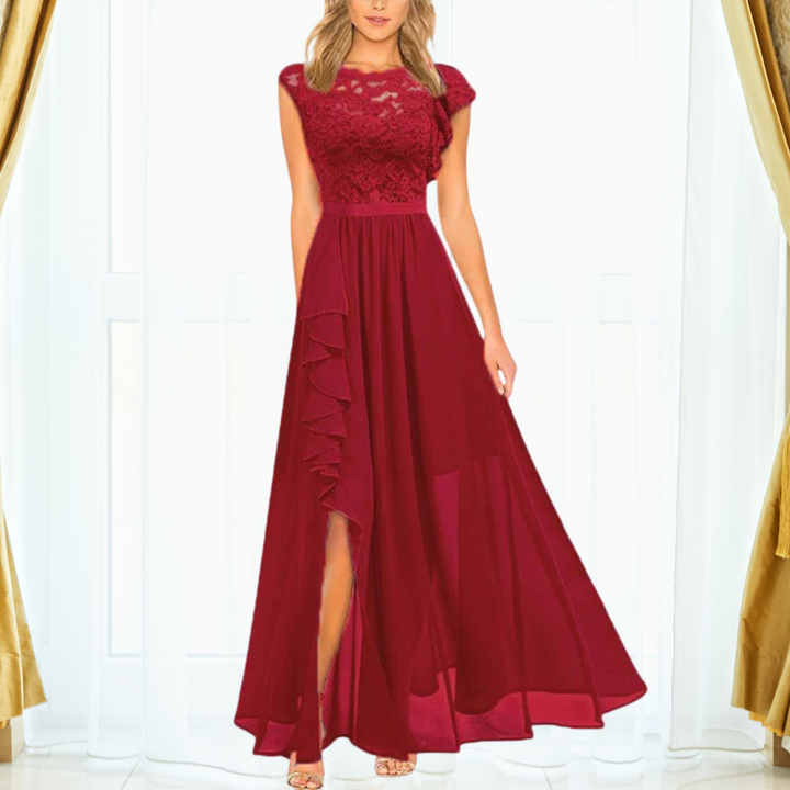 Grace | Dames Kanten Chiffon Maxi Jurk Rimpel Split Formeel