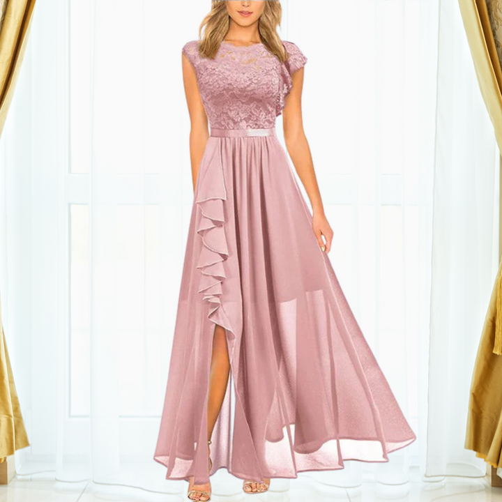 Grace | Dames Kanten Chiffon Maxi Jurk Rimpel Split Formeel