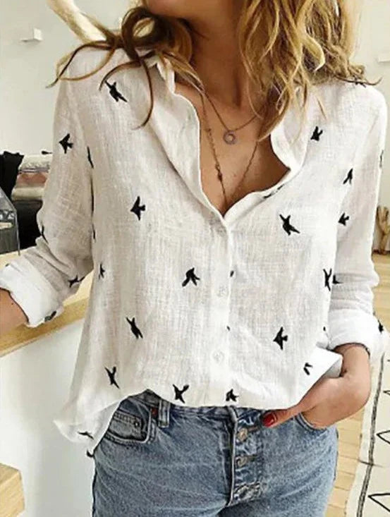 Avery | Dames Overhemd met Knopen Lange Mouwen Vogelprint Blouse