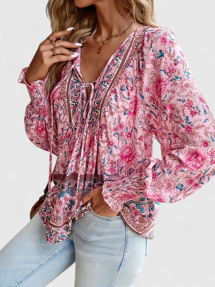 Sienna | Dames Bloemen Boho Blouse V-Hals Puff Mouw Top