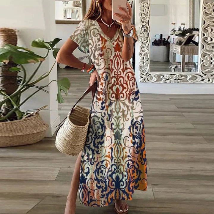 Zara | Dames Boho Print Maxi Jurk V-Hals Korte Mouwen Splits