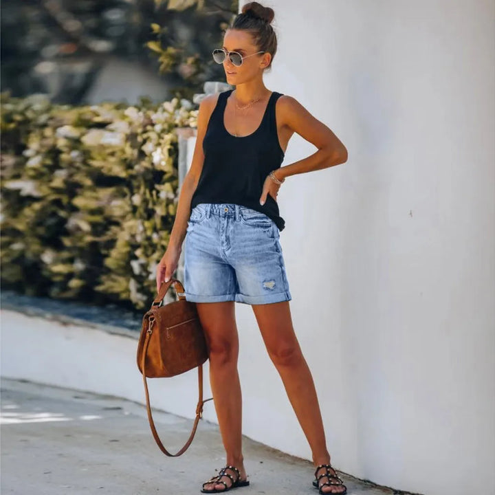 Scout | Dames Hoge Taille Denim Shorts Versleten Rolrand