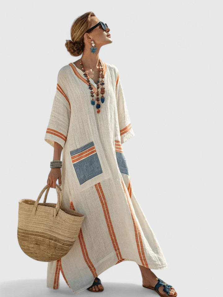 Serena | Dames V-Hals Kaftan Maxi Jurk met Streepdetail