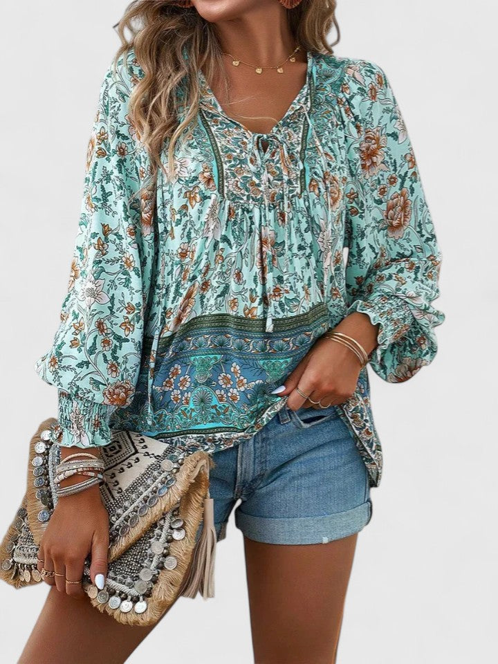 Sienna | Dames Bloemen Boho Blouse V-Hals Puff Mouw Top