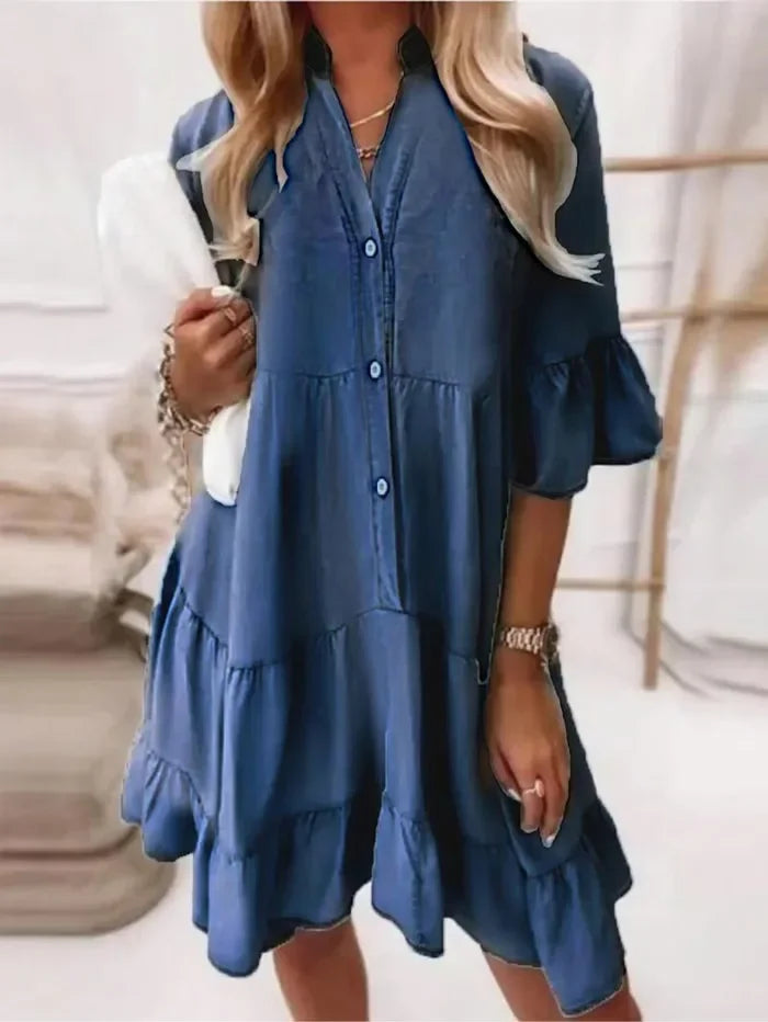 Billie | Dames Casual Gelaagde Rimpel Mini Jurk Met Knopen