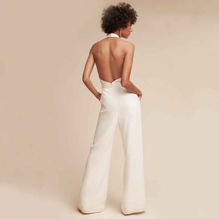 Fiona | Dames Halter Nek Wijde Pijpen Jumpsuit Diepe V Formeel