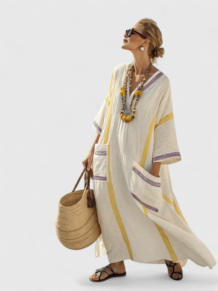 Serena | Dames V-Hals Kaftan Maxi Jurk met Streepdetail