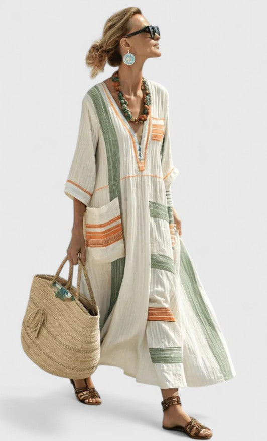 Serena | Dames V-Hals Kaftan Maxi Jurk met Streepdetail