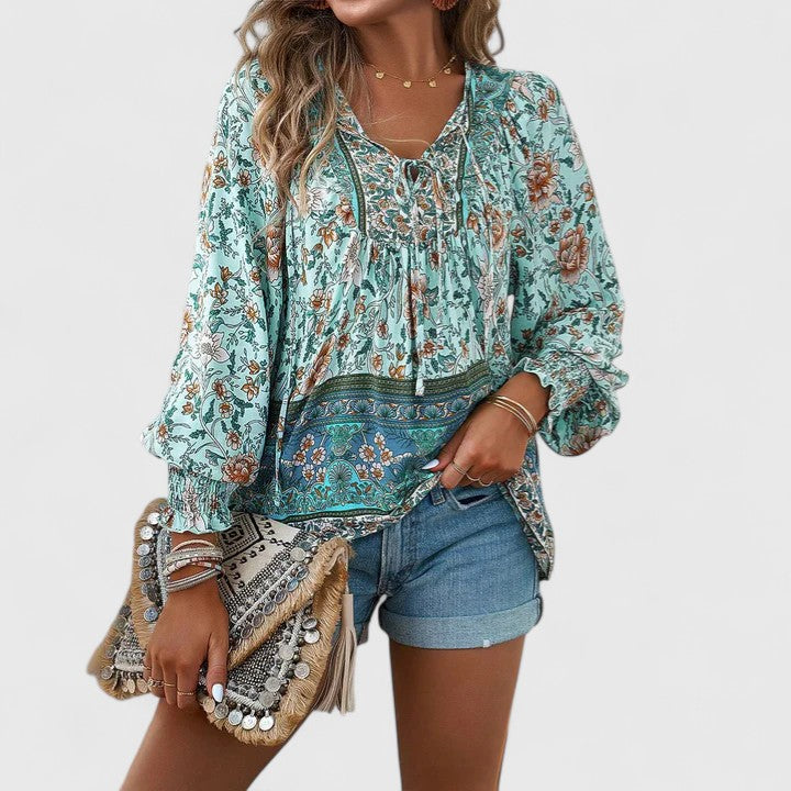 Sienna | Dames Bloemen Boho Blouse V-Hals Puff Mouw Top