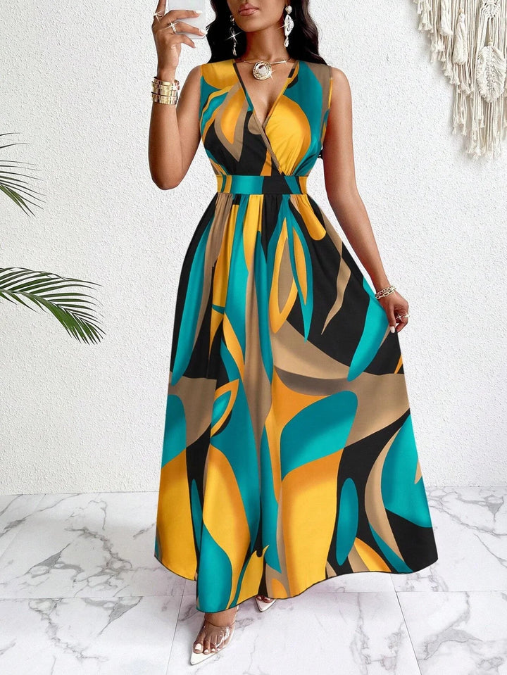 Nova | Dames V-hals Mouwloze Abstracte Print Maxi Jurk