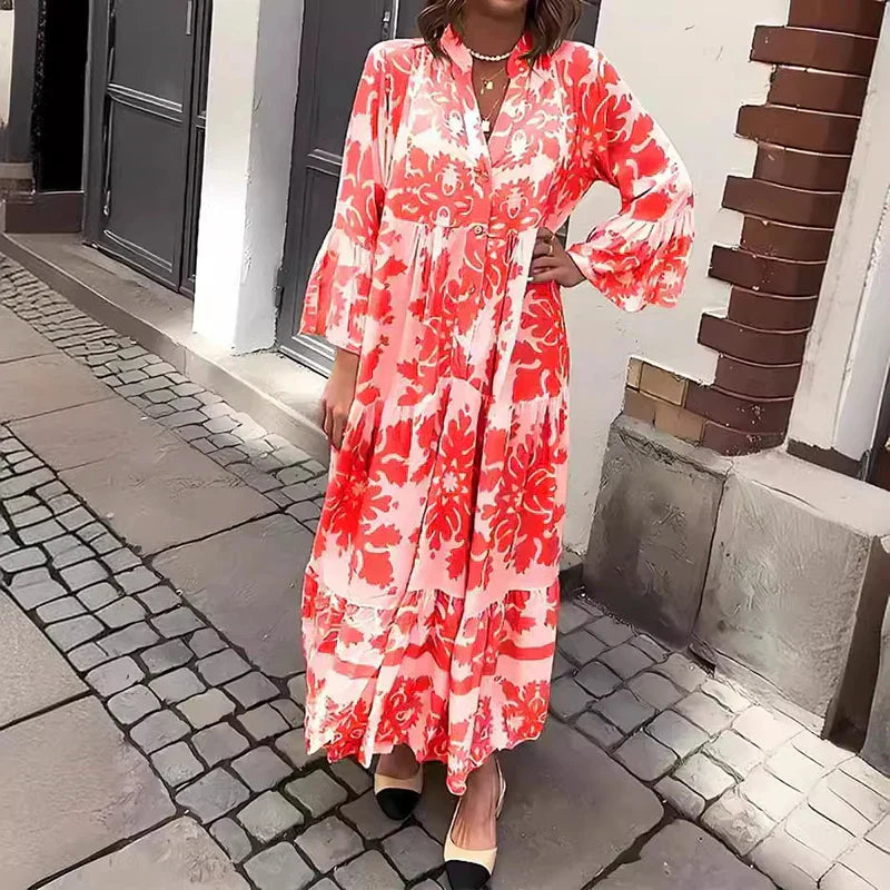 Harmony | Dames Boho Vloeiende Geprinte Drapé Maxi Jurk Casual
