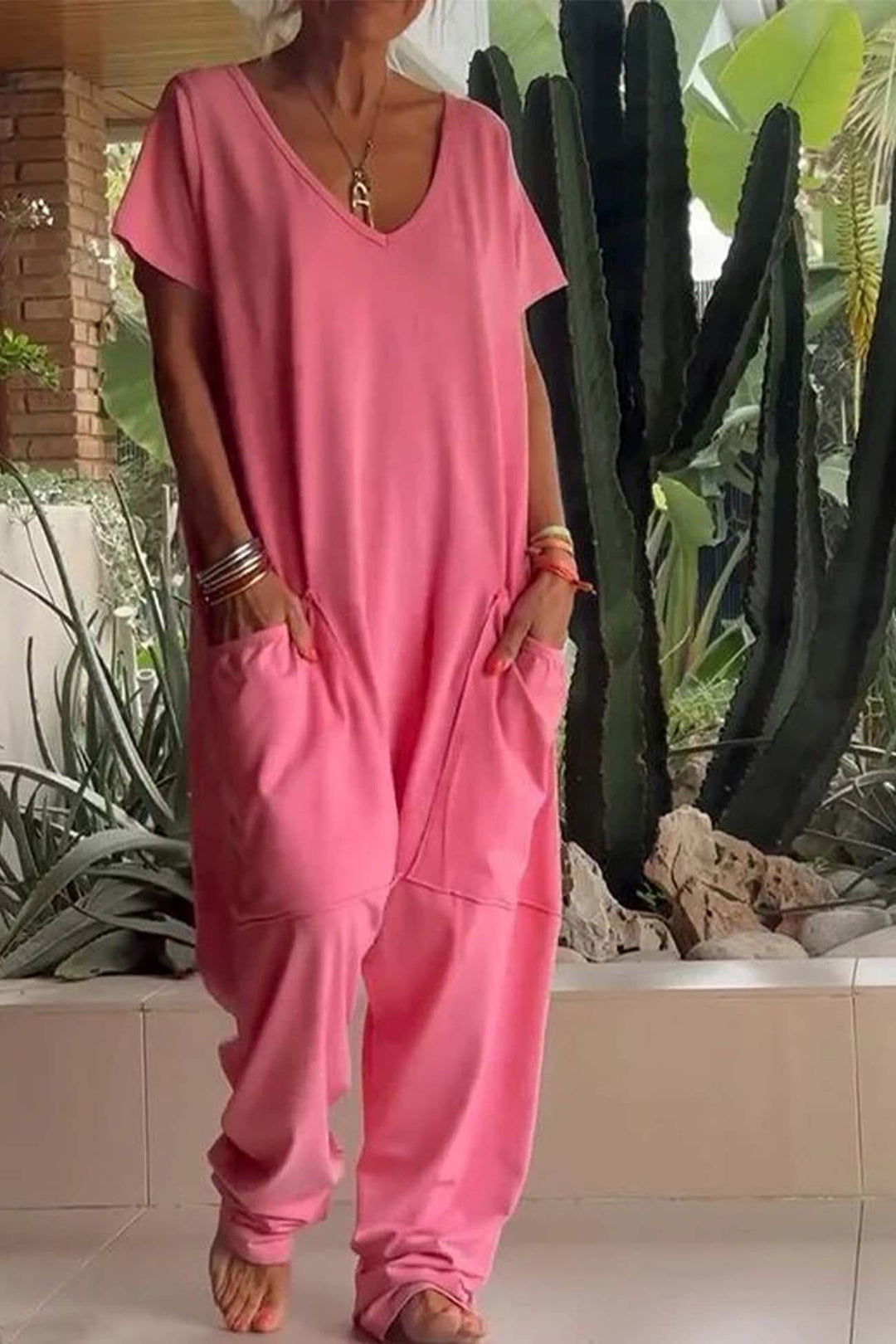 Breezy | Dames V-hals Korte Mouw Losse Jumpsuit met Zakken