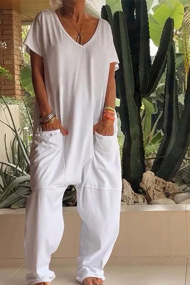 Breezy | Dames V-hals Korte Mouw Losse Jumpsuit met Zakken